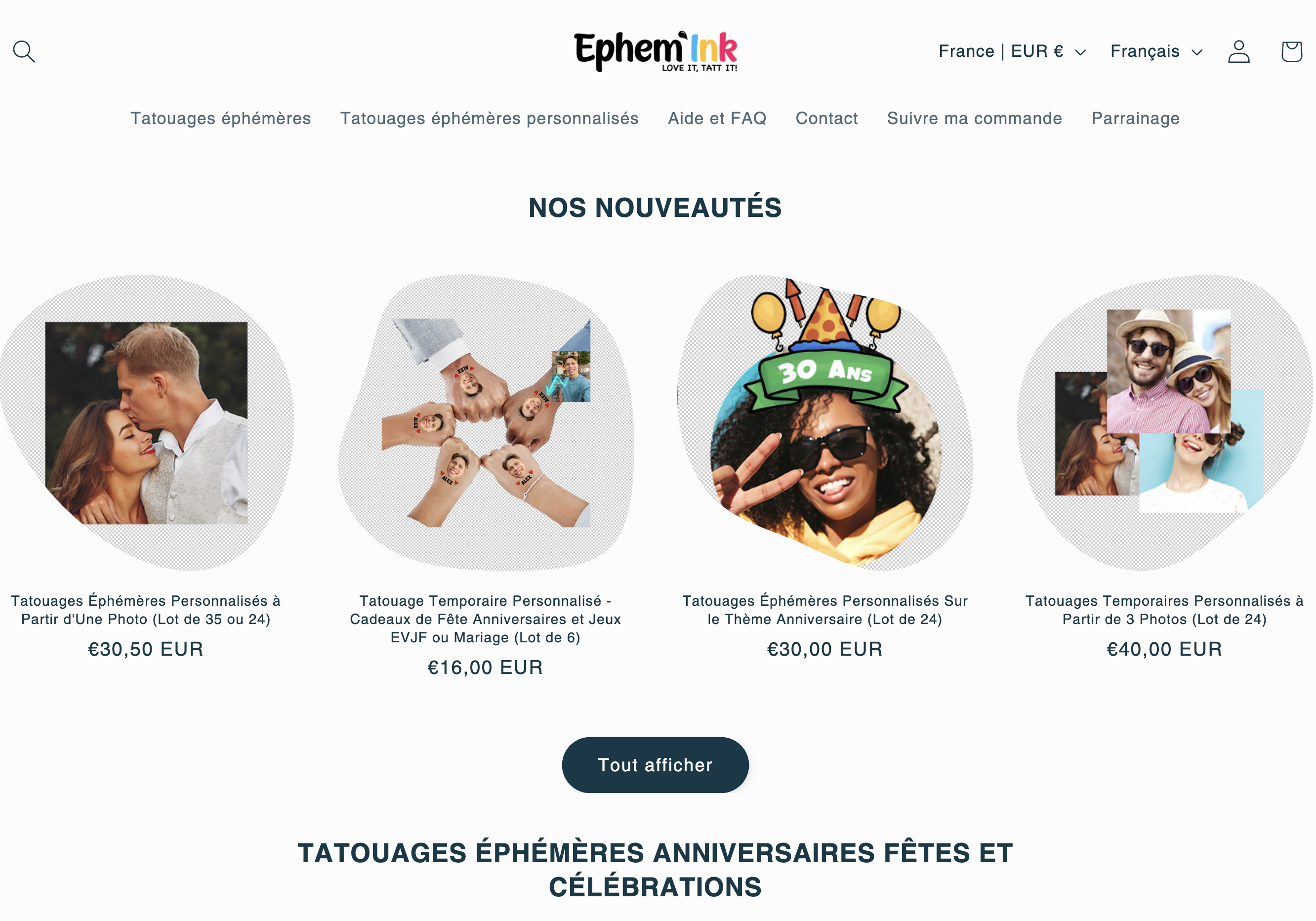 Site web Ephemink - Tatouages éphémères personnalisés